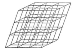 A wireframe
diagram of a 3D lattice cube structure, shown in a parallelogram
perspective with a grid of intersecting lines forming a repeating cubic
pattern.