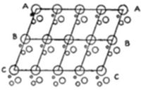 A diagram
showing a 3D lattice structure composed of two types of atoms
(represented by filled and open circles), arranged in a repeating grid
pattern with edges labeled A, B, and C.