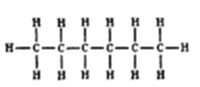 A chemical
structural diagram showing a straight-chain hydrocarbon molecule (an
alkane) — a row of six carbon (C) atoms bonded in a line, each flanked
by hydrogen (H) atoms above and below, consistent with hexane (C₆H₁₄).
