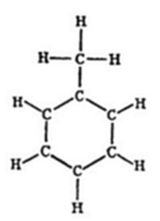 A chemical
structural diagram showing a benzene ring (six carbon atoms in a
hexagonal ring, each bonded to a hydrogen) with an additional methyl
group (CH₃) attached to the top carbon.
