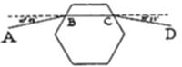 A simple
diagram showing a hexagon with two dashed diagonal lines extending
outward from its top two vertices (labeled B and C) to points A and D.