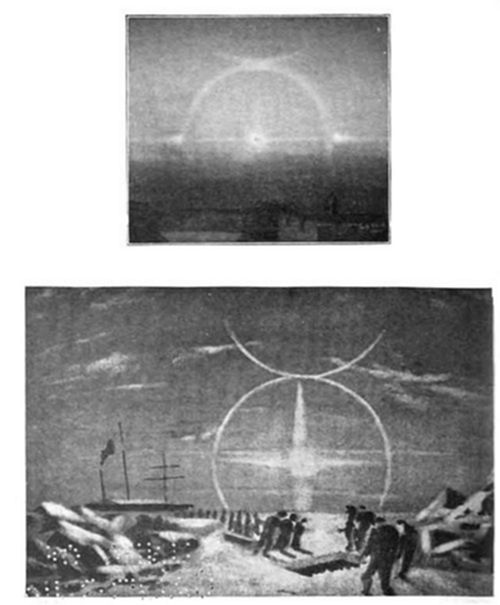 A two-part
illustration of atmospheric optical phenomena: the top shows a halo of
light around the sun over a horizon; the bottom shows a polar scene
with intersecting light halos in the sky above a snowy landscape with a
ship and figures.