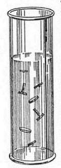 A diagram
of a transparent cylindrical container with small rod-like or crystal
shapes suspended at various angles within the liquid or medium inside.