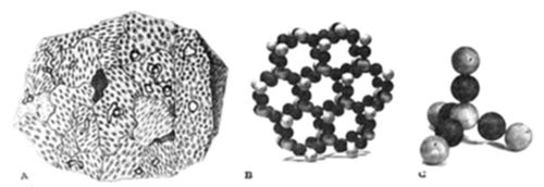 Three-part
illustration: (A) a rounded, faceted mineral crystal with a speckled
surface; (B) a ball-and-stick model of a repeating hexagonal ring
lattice (likely a silicate structure); (C) a smaller tetrahedral
cluster of atoms.