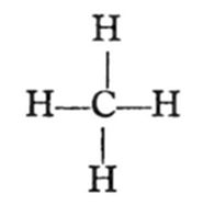 A chemical
structural diagram showing a single carbon (C) atom bonded to four
hydrogen (H) atoms in a cross arrangement — representing methane
(CH₄).