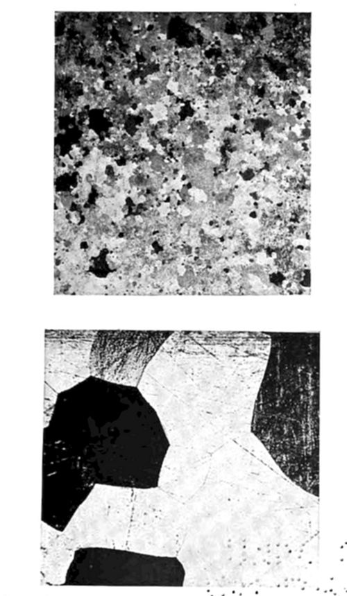 Two
micrographs of metal microstructure: top shows fine, granular texture
(many small grains); bottom shows larger, distinct polygonal grains
with clear grain boundaries.