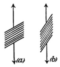 Two diagrams
(a) and (b) showing sets of parallel lines between vertical arrows: (a)
horizontal lines, (b) lines tilted at an angle.