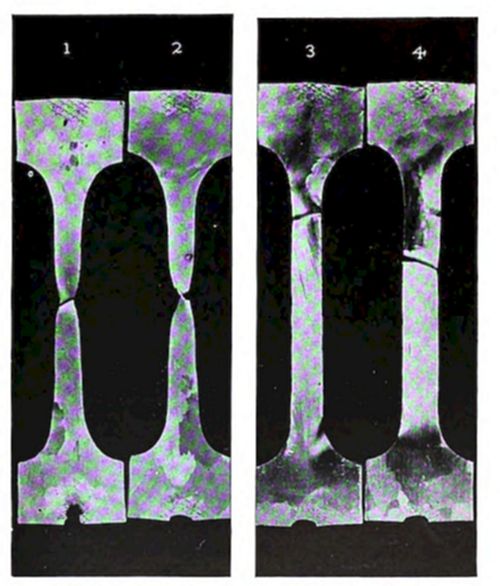 Four numbered
dog-bone/tensile test specimens (1–4) shown after fracture at their
necked-down midsections, illustrating different failure points or modes
from a tensile strength test.
