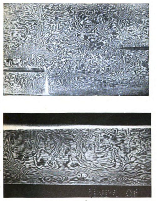 Two
micrographs showing swirling, wavy grain patterns in metal where
the flowing patterns result from folding different layers of metal
together, with the top image also showing a fissure.