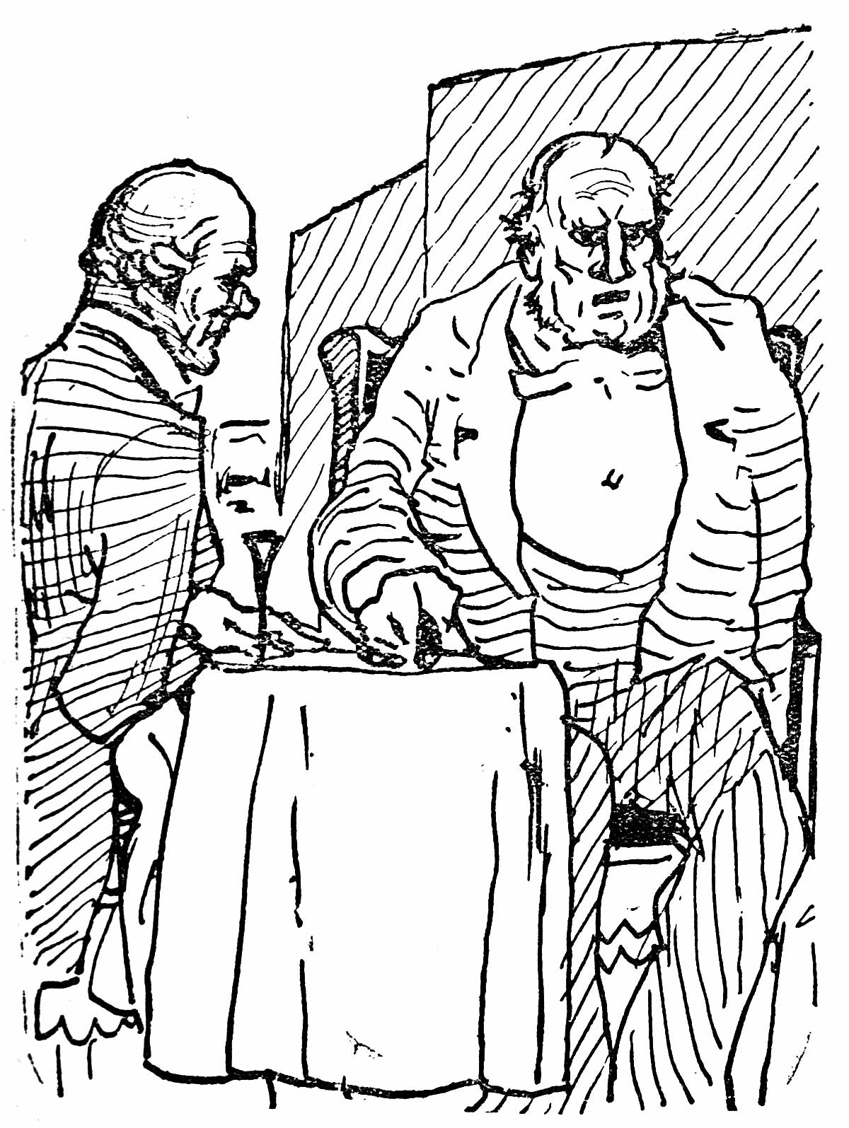Two men are talking over a small table.