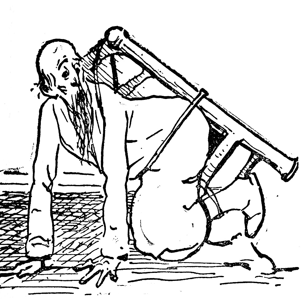 A man on all fours with a chair strapped to his back.