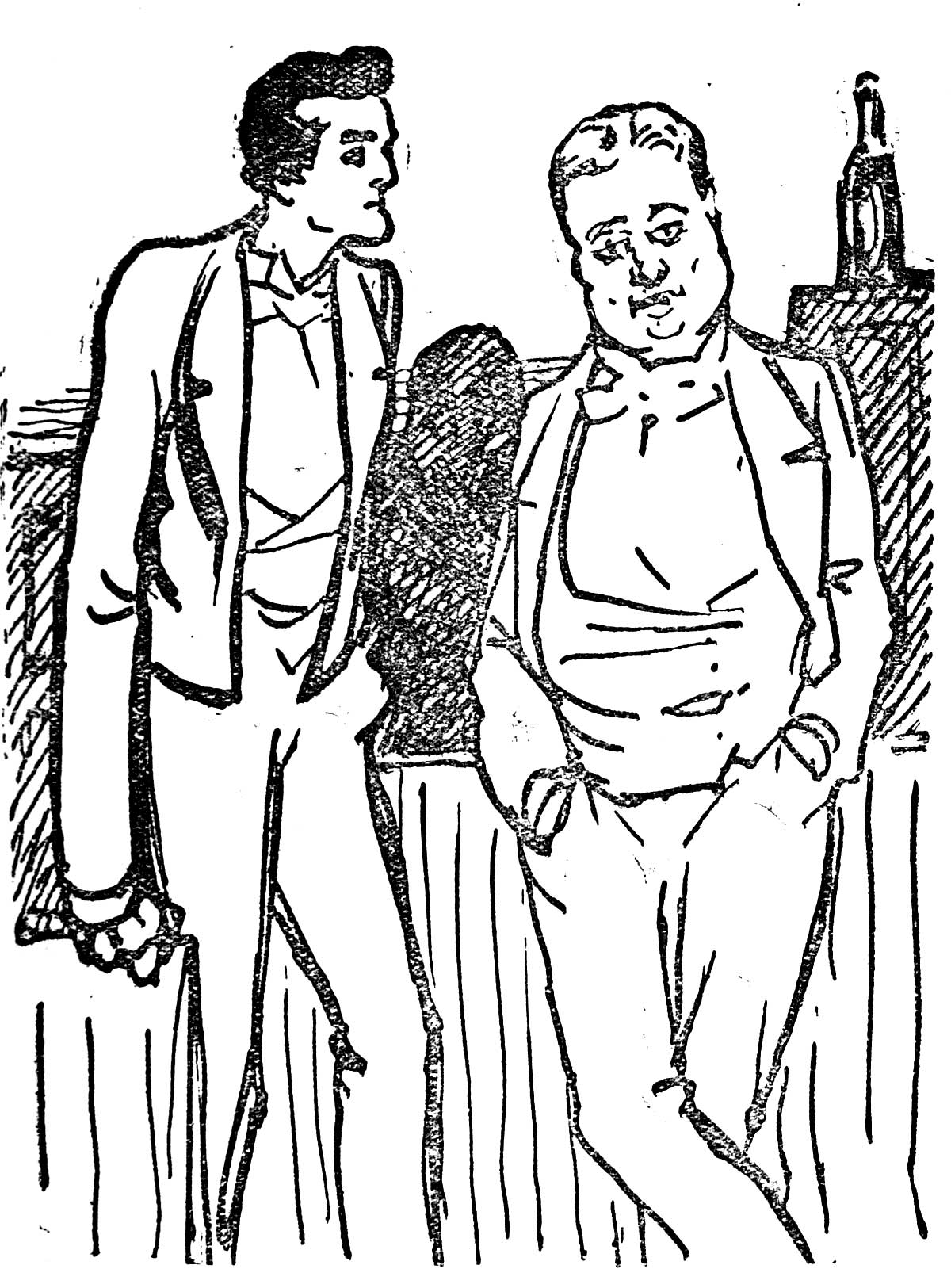 Two men in suits standing side by side in conversation.
