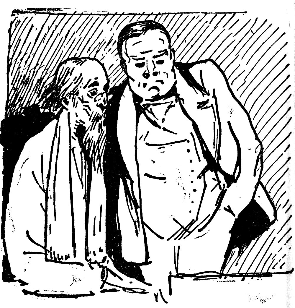 Two men talking side by side, one on the left showing significant age.