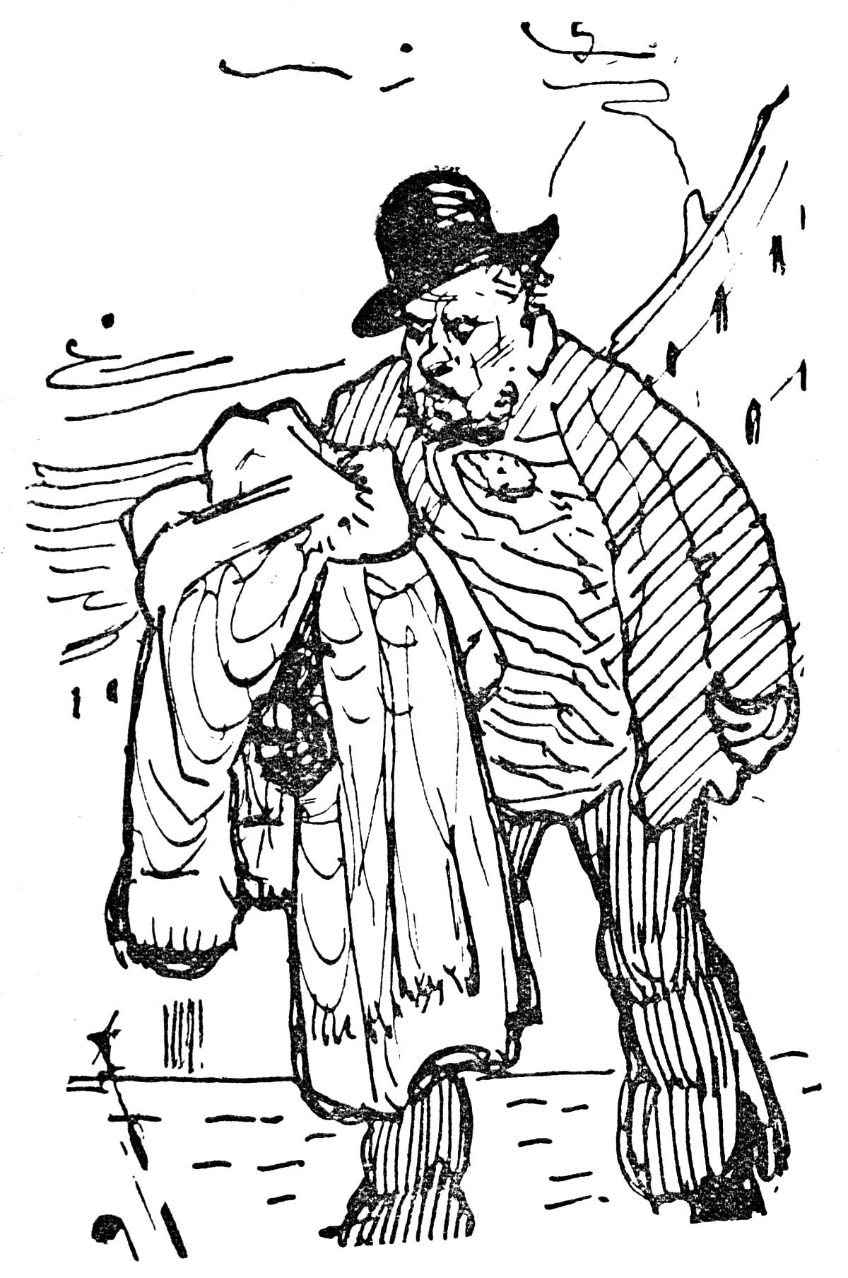 A man in a bowler hat holding a pile of clothes.