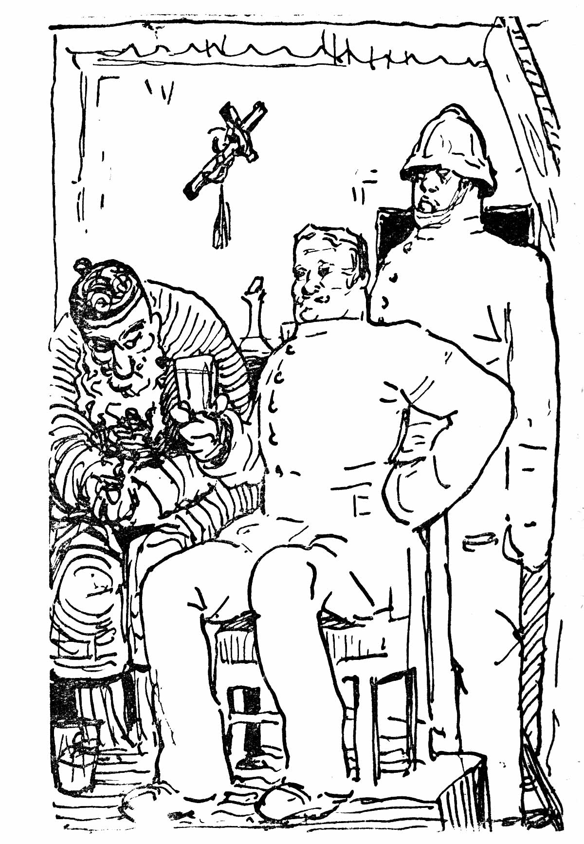 One man is sitting in a chair with a glass, being served by another, with a third standing over his shoulder.