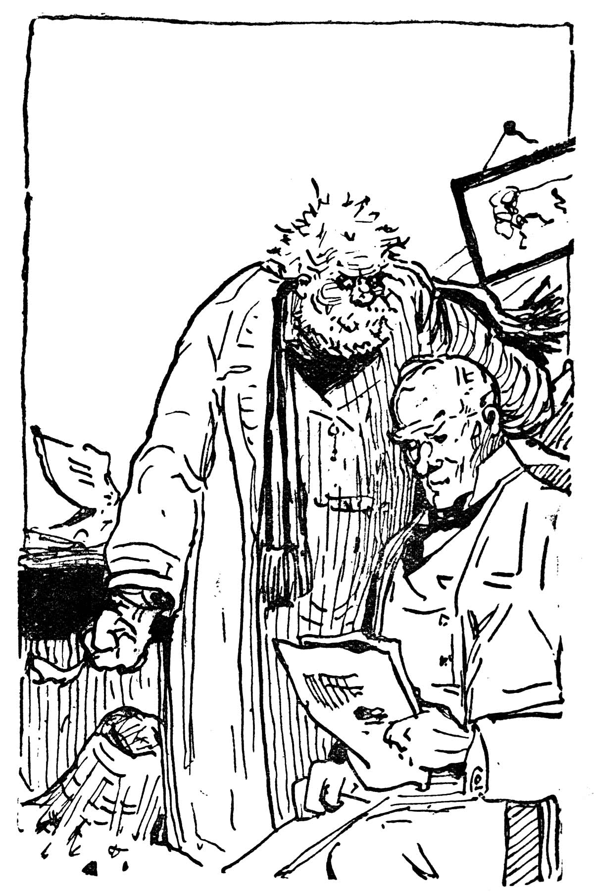 Man sitting reading a paper with another standing over his shoulder.