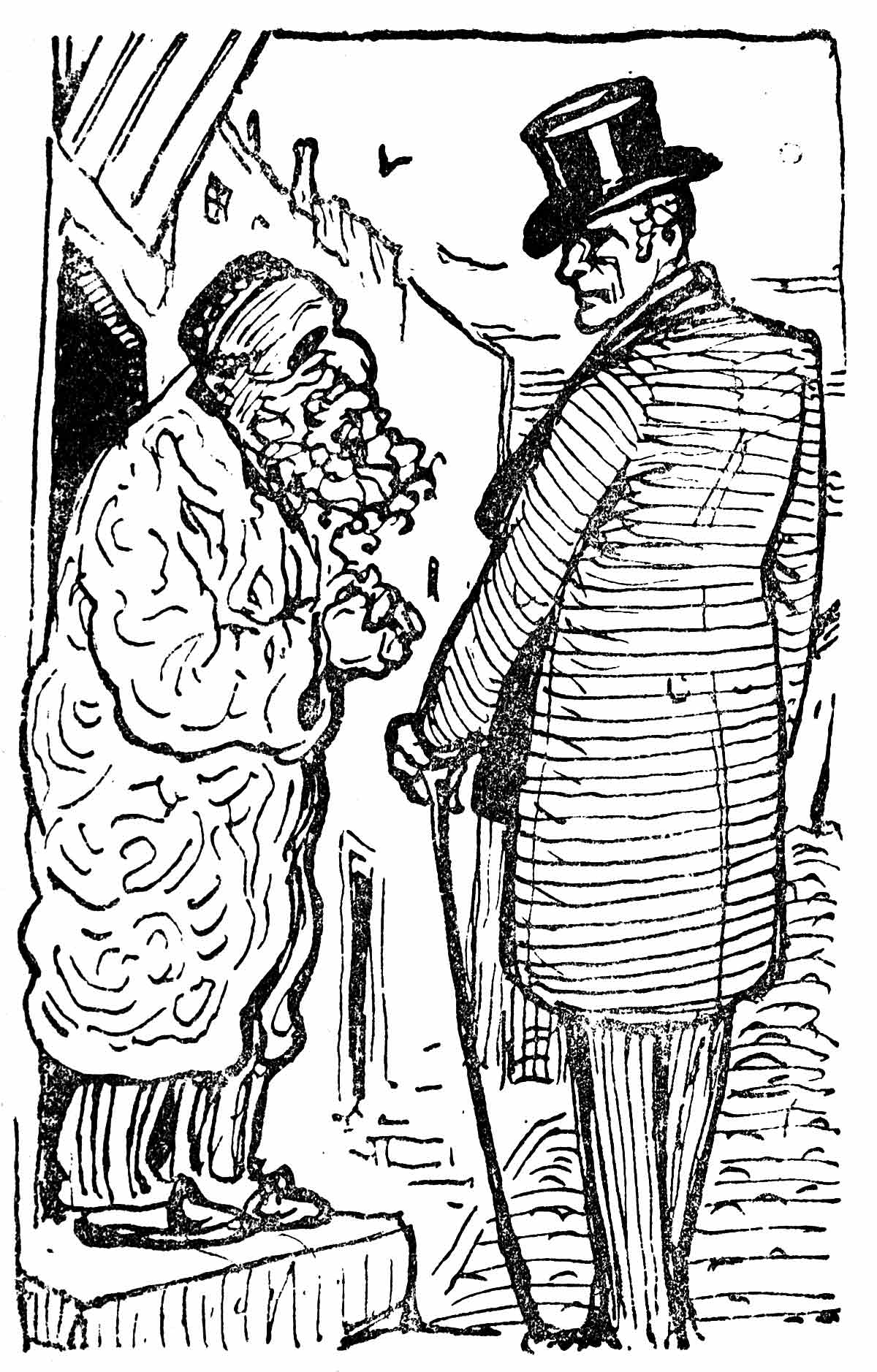 A man with a tophat and a cane looks at a disheveled man standing on a platform.