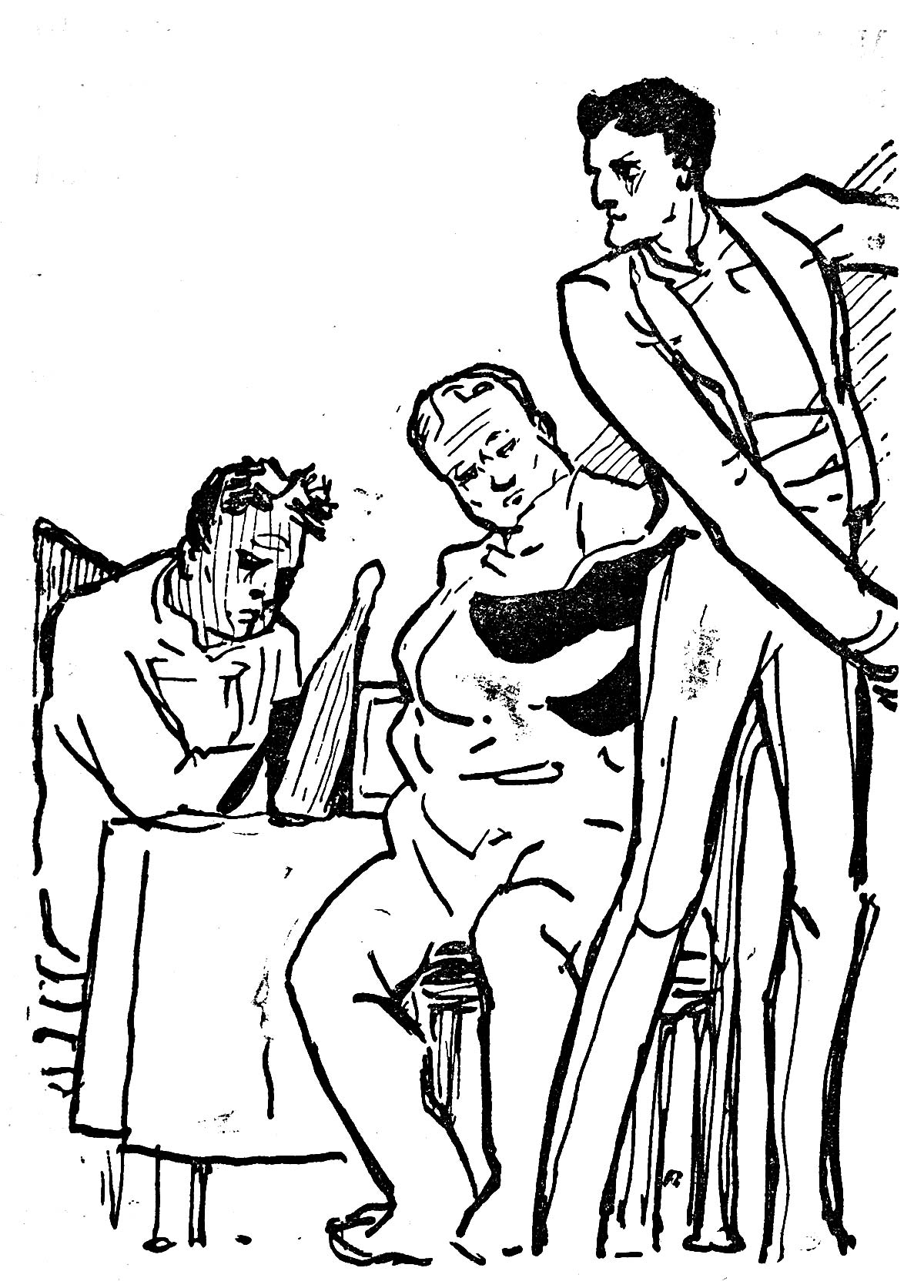 Two men sit at a table while a third shows them something out of frame.