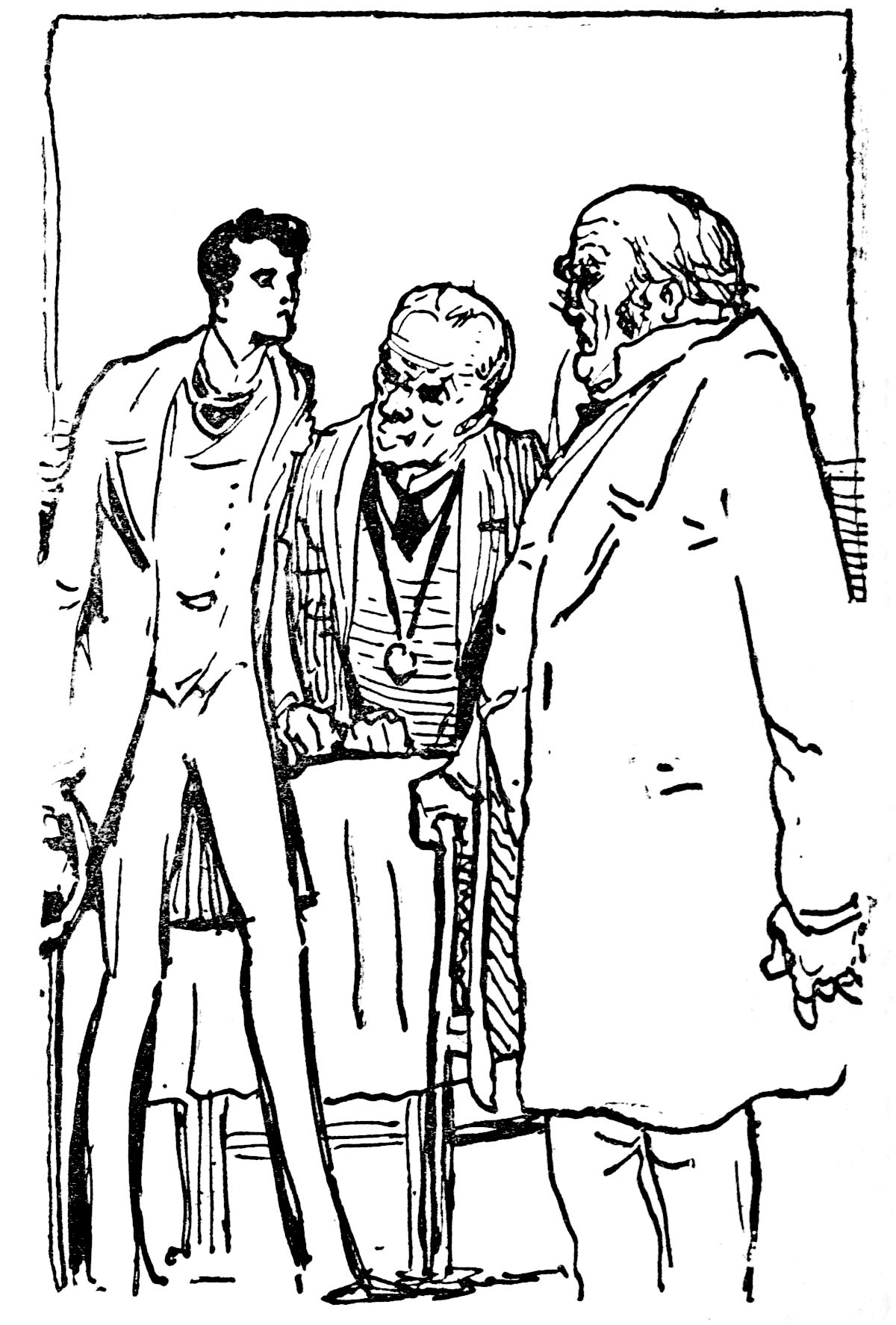 Three well-dressed men are talking while standing around a table.