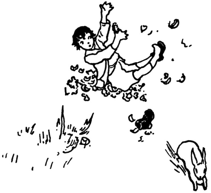 Black and white illustration of a child falling through the air near a running rabbit.