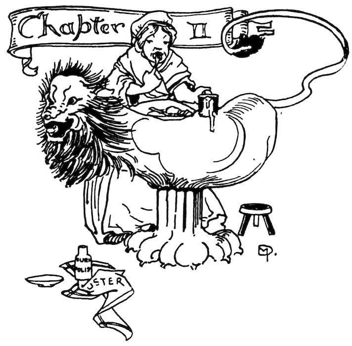 Black and white illustration depicting a person eating at a table supported by a lion, with "Chapter II" written in a ribbon above.