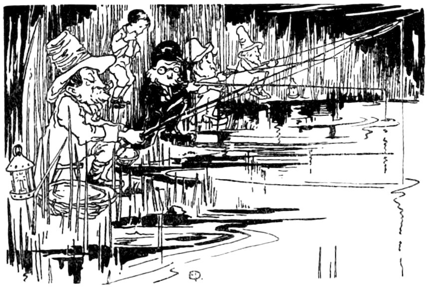 Black and white illustration of several characters in hats fishing by a reedy riverbank, with a lantern on the left.