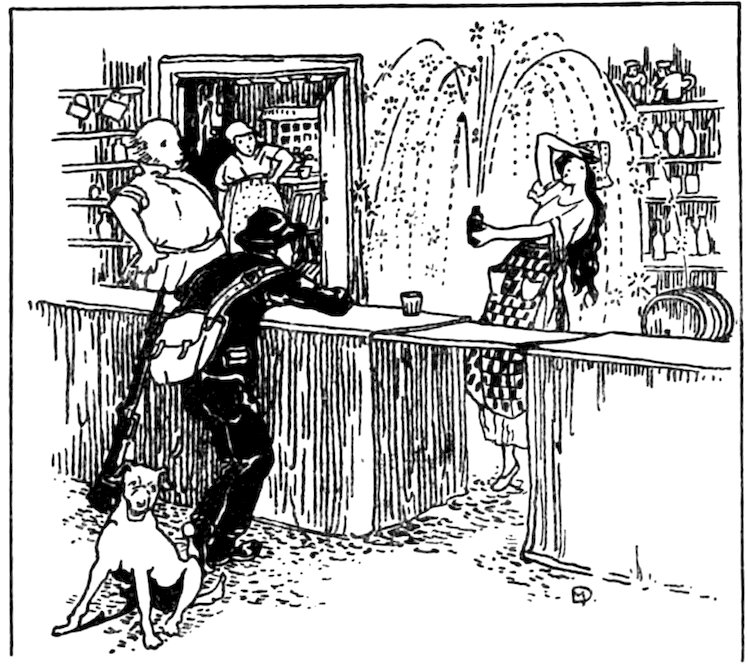 Black and white illustration depicting a person with a satchel standing at a counter where a woman is opening a bottle, with a dog seated in the foreground.