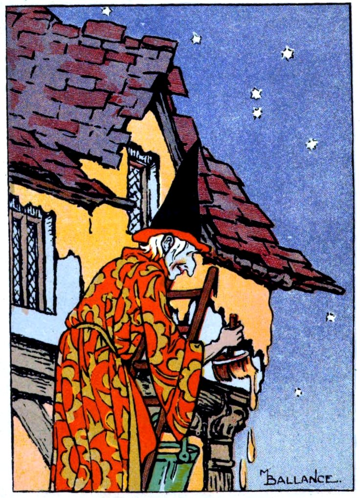 A colorful illustration of a witch in a patterned robe and black hat on a ladder, painting the side of a house at night.