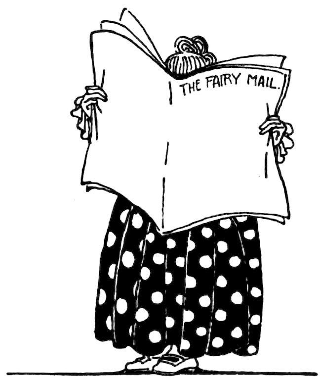 Black and white illustration showing a person in a polka-dot skirt reading a paper titled "THE FAIRY MAIL."
