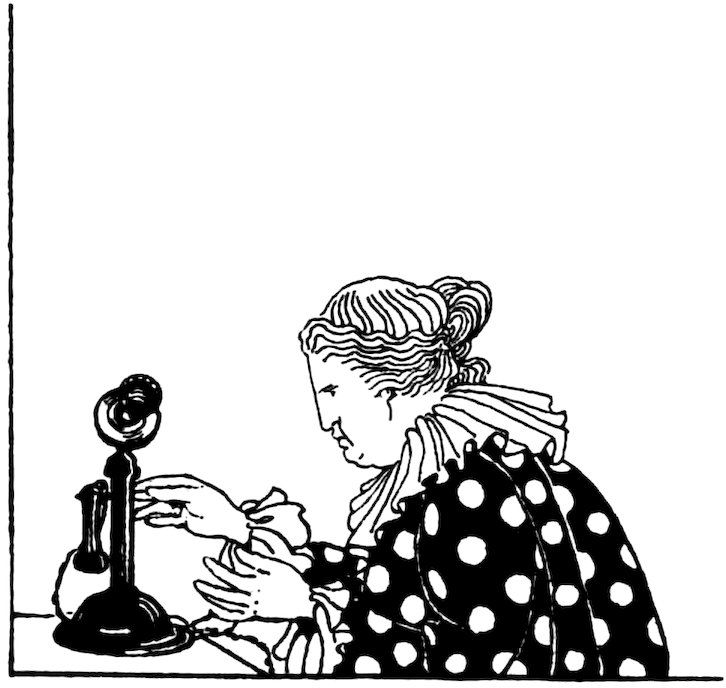 Black and white illustration of a woman in a polka-dot dress using a vintage candlestick telephone.