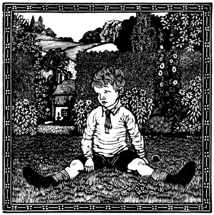 Black and white illustration of a young boy sitting on the grass in a garden with a house in the background.