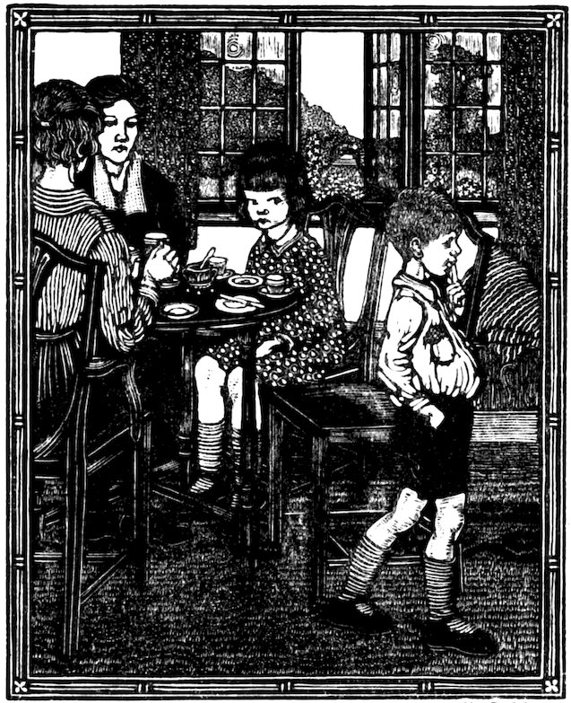 This black and white illustration depicts a group of people sitting at a table for tea, with a young boy standing in the foreground.