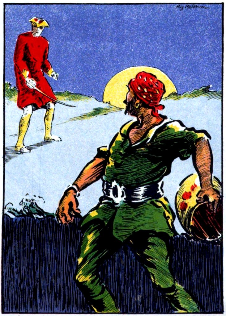 A colorful scene features a person in green holding a barrel, while another person in red stands in the distance with a sword.