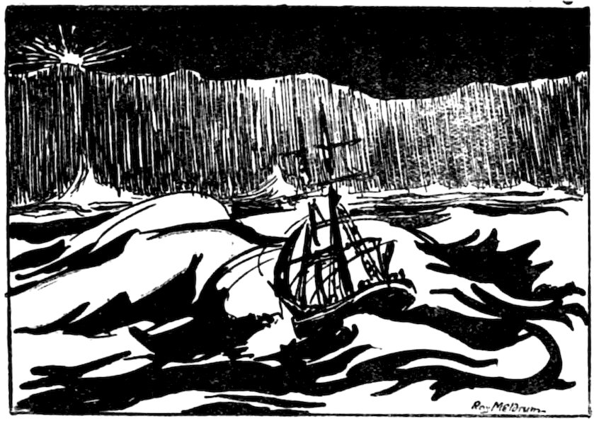 A black and white illustration depicts a sailing ship surrounded by icebergs under a dark sky.