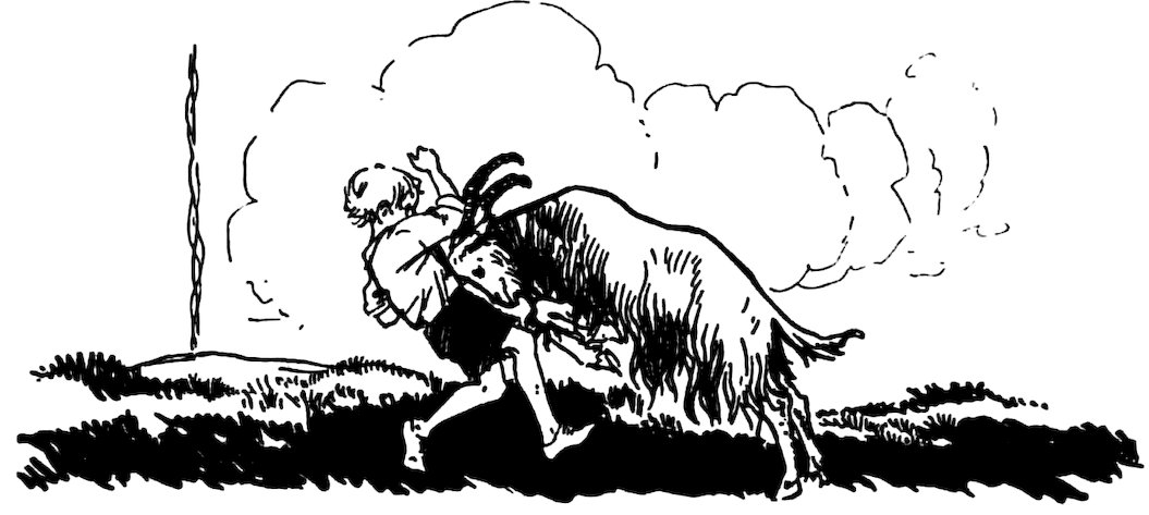 A black and white illustration depicting a boy interacting with a goat.