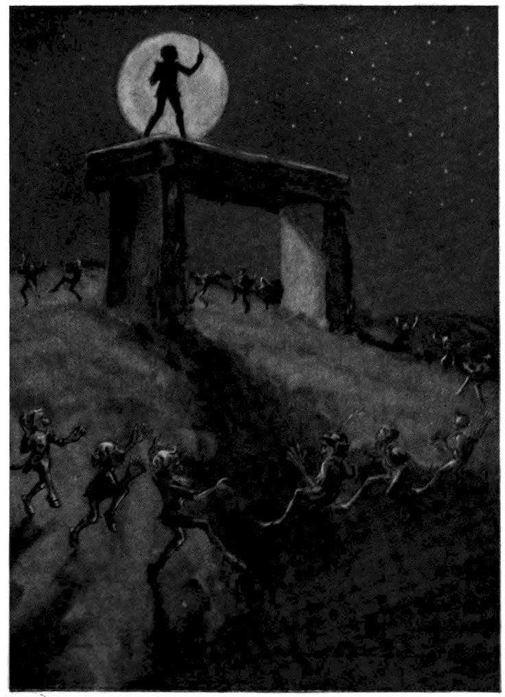 This dark illustration features a silhouette standing atop a stone structure against a full moon, surrounded by many small, dancing figures in the night.