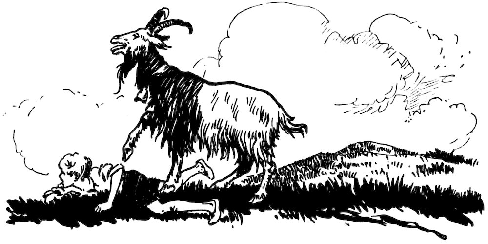 A black and white illustration depicts a goat standing over a boy who is lying on the grass.