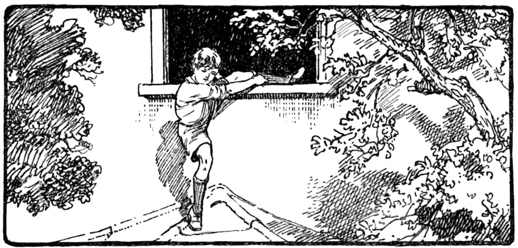A black and white illustration of a boy climbing out of or into a window.