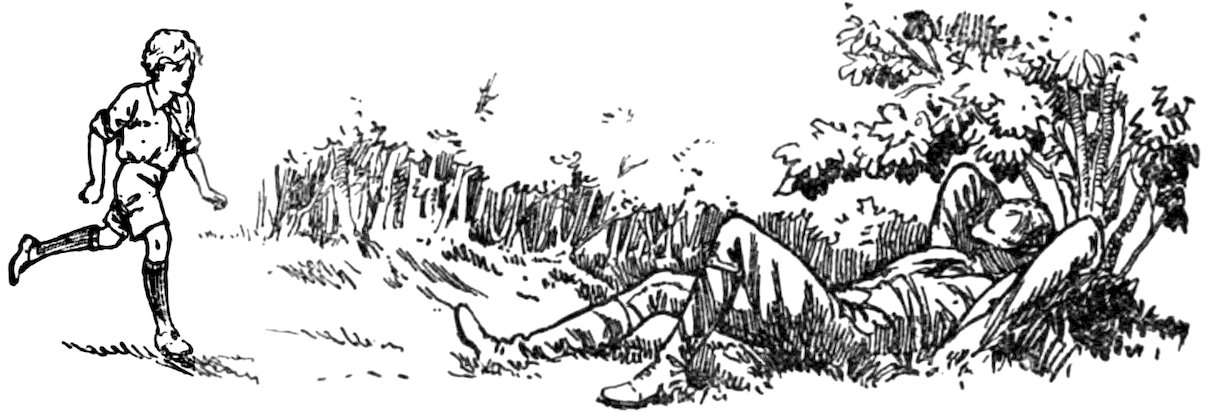 A black and white illustration depicts a boy running toward a man who is resting under the shade of a tree.