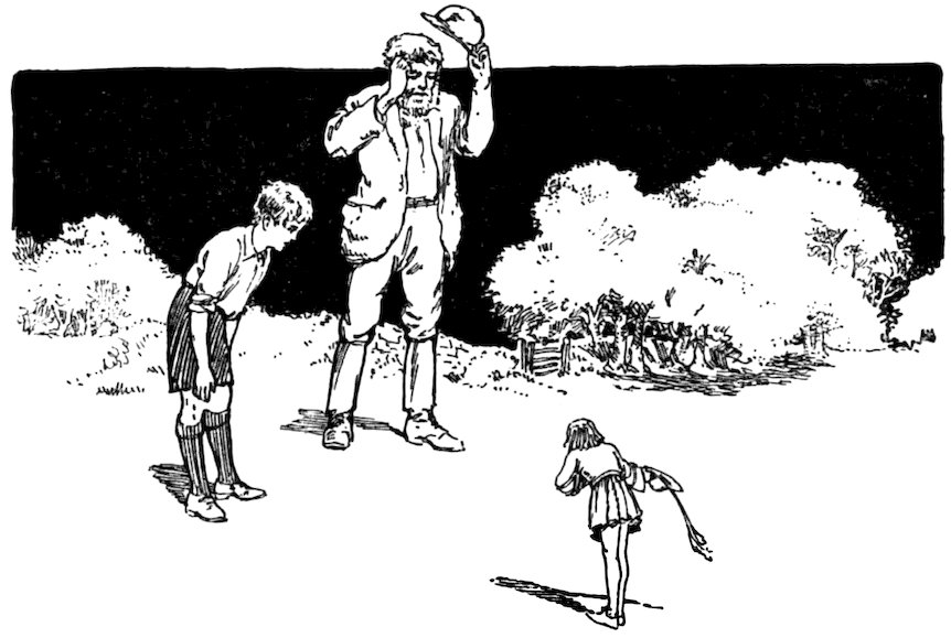 A black and white illustration depicts a man standing while holding his hat, accompanied by two figures who appear to be bowing or leaning forward toward him.