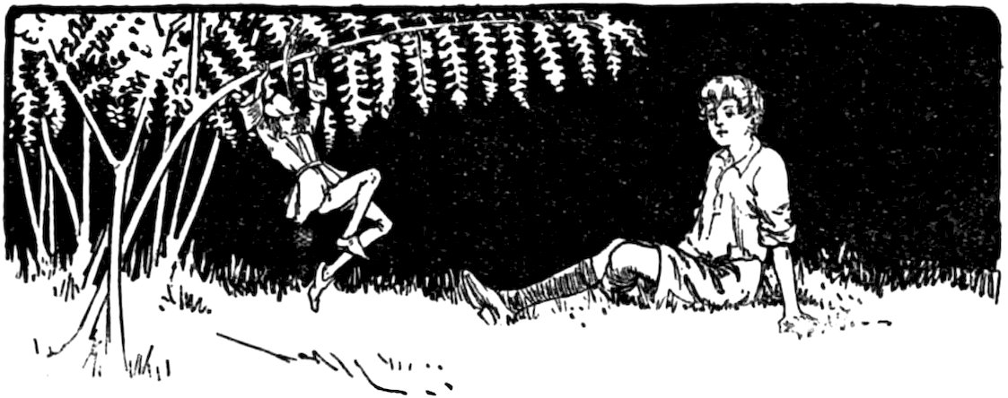 A black and white illustration depicts a small, figure-like character hanging from a tree branch while a boy sits on the ground nearby.