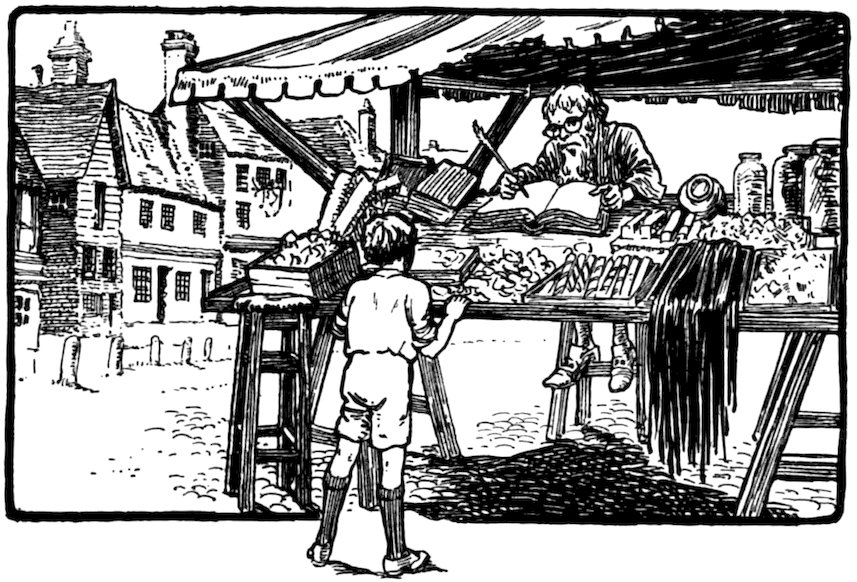 A black and white illustration shows a boy standing at a market stall, looking at a bearded man who is sitting at the counter writing in a large book.