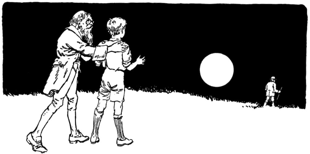 A black and white illustration depicts an older, bearded man with glasses placing a hand on a boy