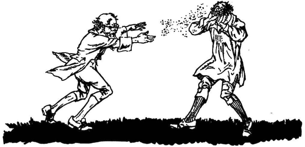 A black and white illustration shows a bearded man in glasses gesturing with his hands as if casting a spell or throwing something toward another person, who is covering their face as a cloud of particles or dust appears between them.