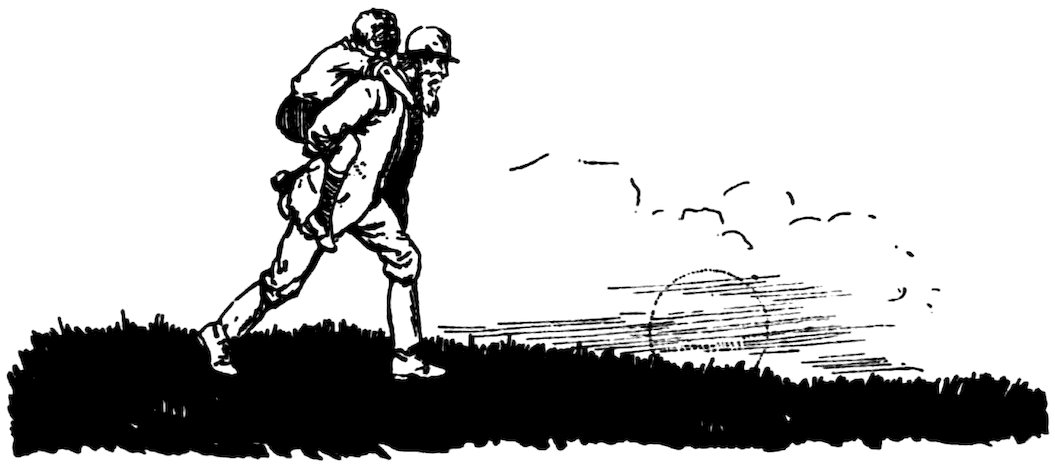 A man with a beard wearing a hat carries a child on his back as they walk across a field.