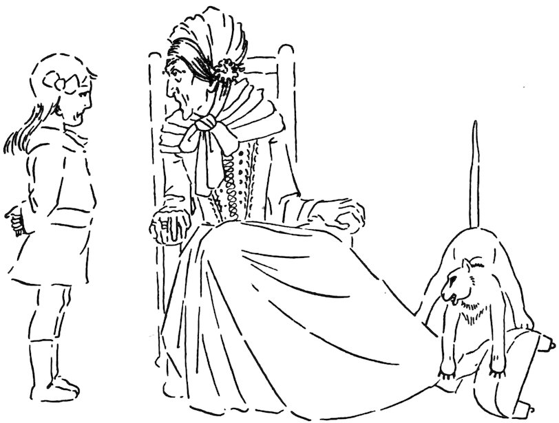 An elderly woman in a bonnet sits in a chair, looking at a young girl standing before her, while a cat sits near her skirt.