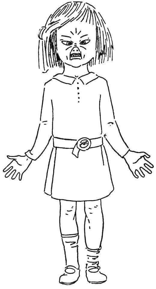 A young girl wearing a dress and boots stands with her arms outstretched and has a fierce expression on her face.