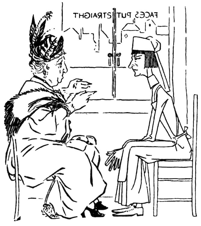 A woman in a feathered hat talks to a person wearing an apron and cap, in front of a window with the text "FACES PUT STRAIGHT".