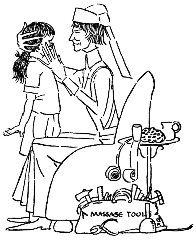 A person in a cap adjusts the face of a young girl, while a bag labeled "MASSAGE TOOLS" sits nearby.