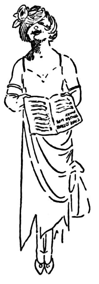 A woman with a floral headpiece stands holding an open book.
